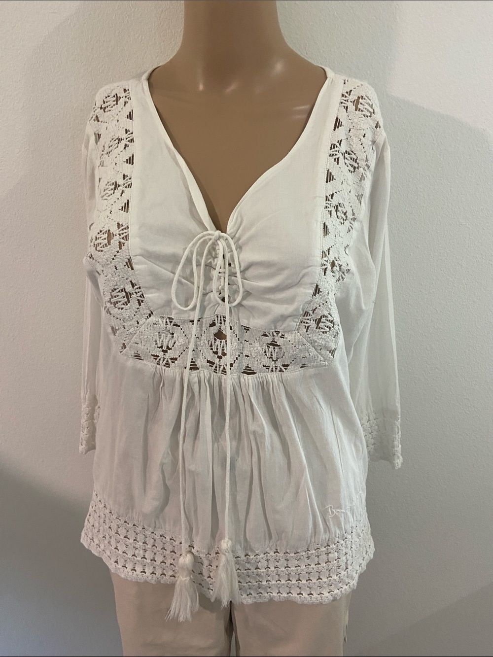 VTG Bohemian Lace-Front Bomull cotton White Tunic Top SzM